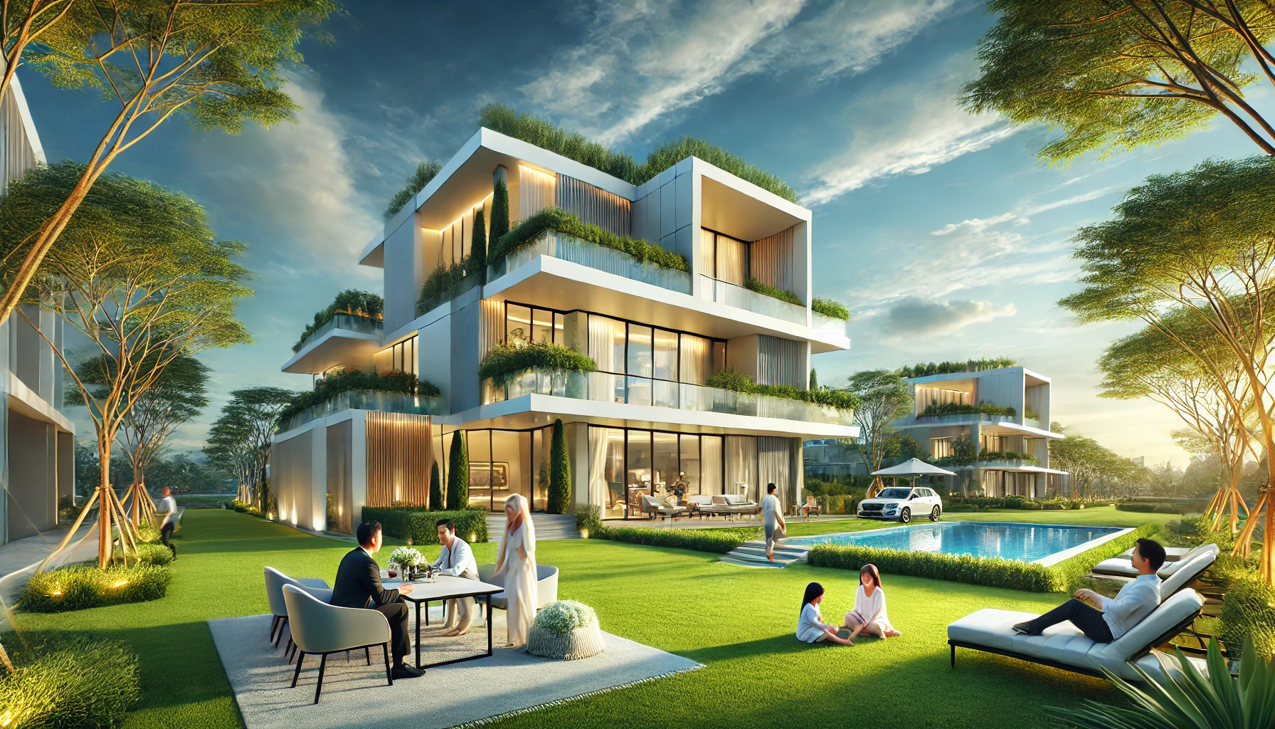 A modern luxury real estate scene showcasing a sleek apartment building and spacious villas surrounded by greenery and a serene atmosphere