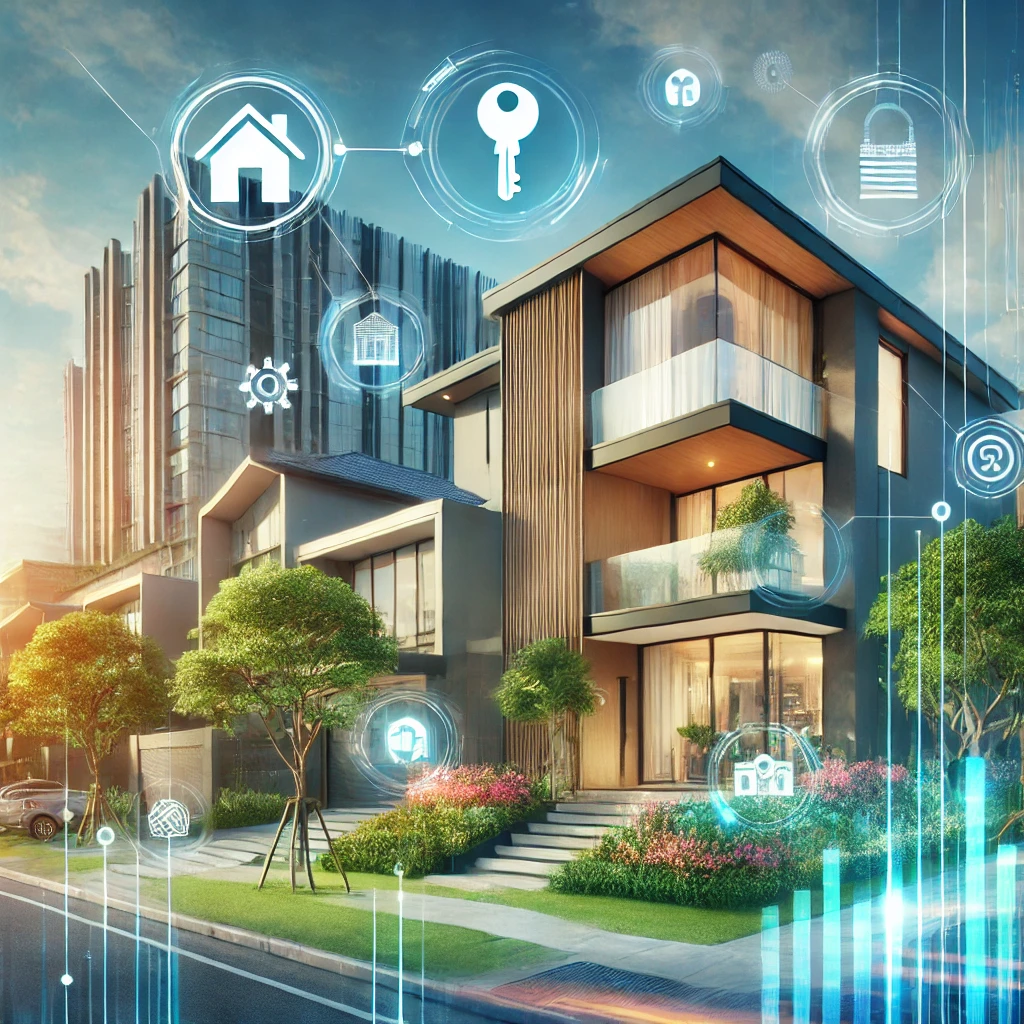 A visually appealing image of a modern real estate setting, showcasing a luxurious residential home and a sleek commercial building side by side. The