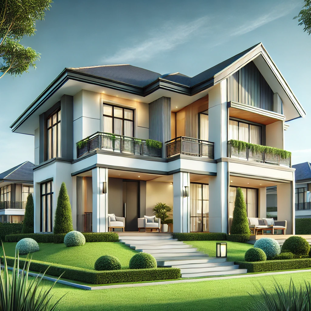 An elegant and professional image of a modern residential property, showcasing a beautiful house with clean architectural lines, a well-manicured lawn